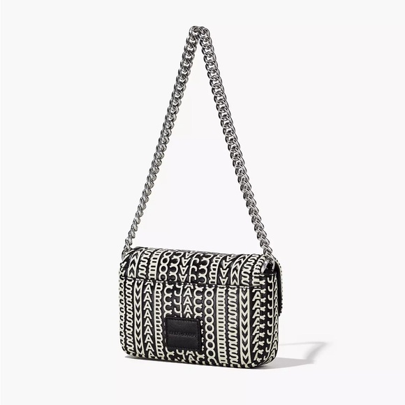 NEW MARC JABOBS Logo Monogram Silver Chain Leather Crossbody Bag Black Cream - Picture 6 of 9